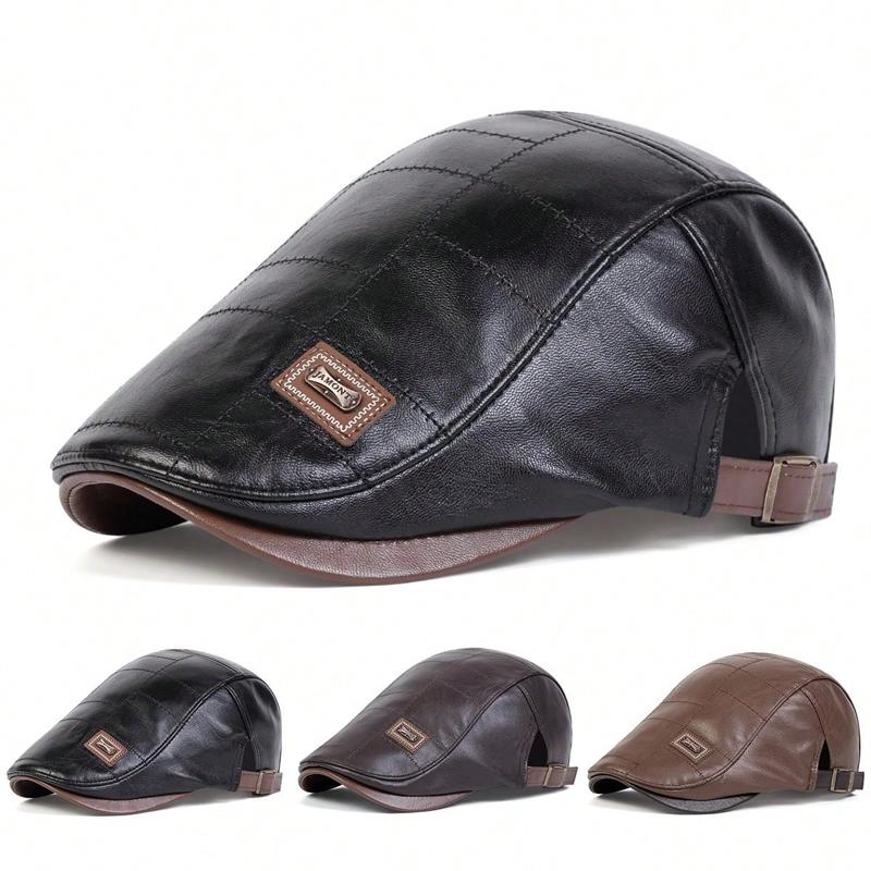 Men Retro Pu Leather Newsboy Caps JAMONT Labeling British Painters Hats Spring Autumn Side Adjustable Flat Cap Hip Hop Berets