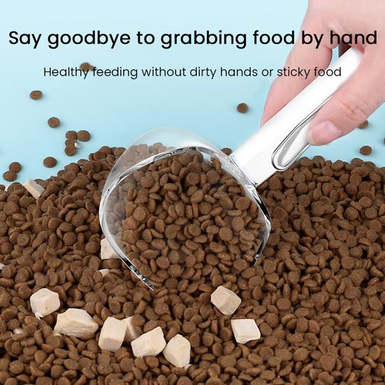 Pala pentru mâncare de câini Cupă de măsurat din plastic multifuncțională pentru mâncare de animale cu mâner lung Clips de sigilare 2 în 1 pentru mâncare de câini, pisici, păsări