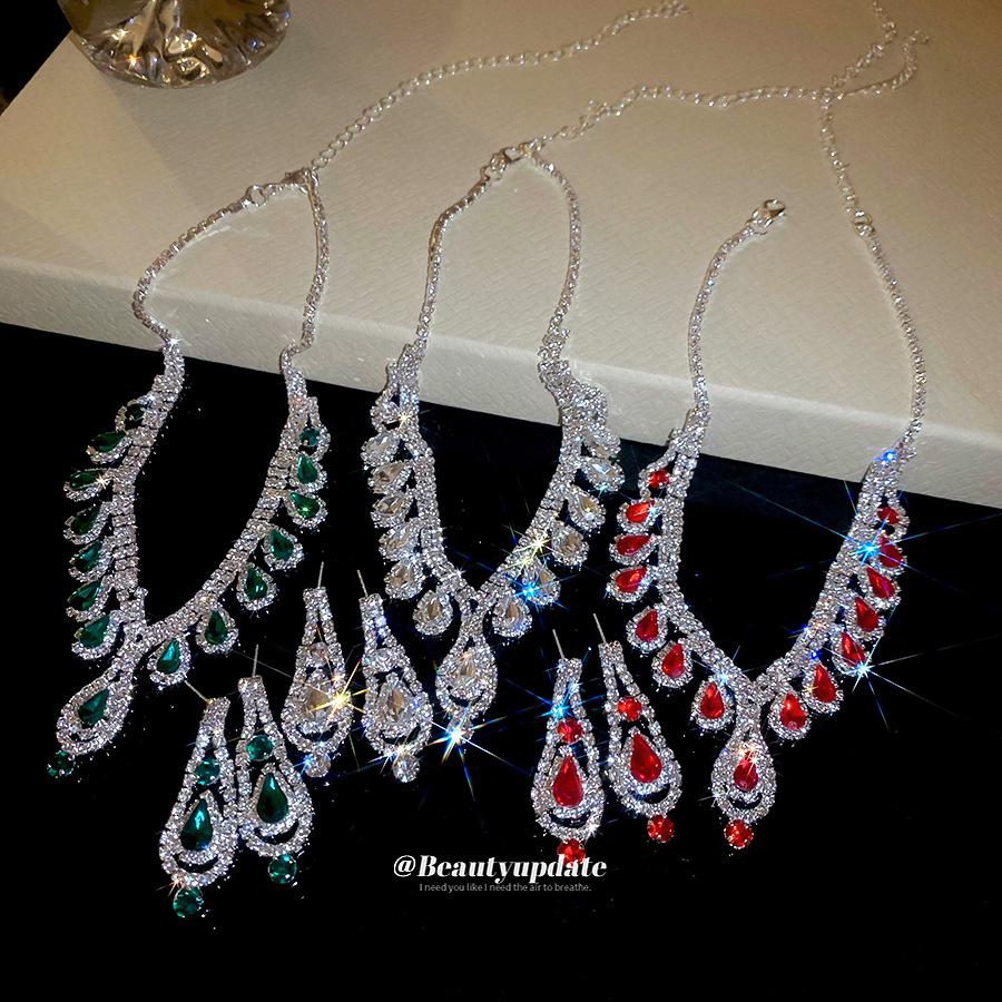 Banquet Luxury Diamond-Studded Water Drop Tassel Earrings & Clavicle Necklace for French Chic Women