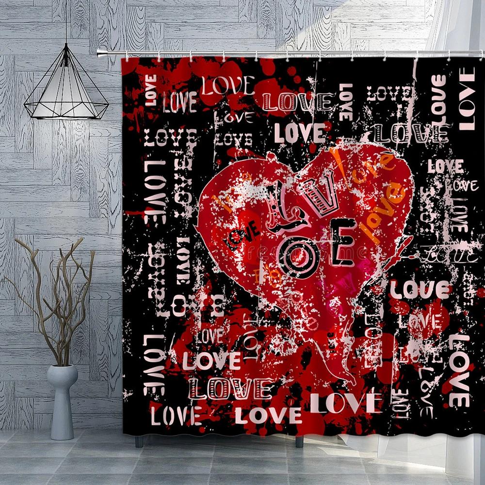 Love and Hearts Design Shower Curtain Set Retro Off-white Home Decor Bath Curtain Abstract Colorful Pattern Polyester with Hooks