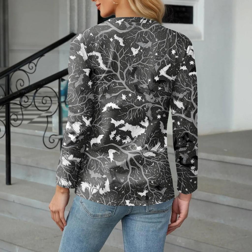 Women's Casual Fashion Sexy Comfort Halloween Printed V-Neck Button Long Sleeve