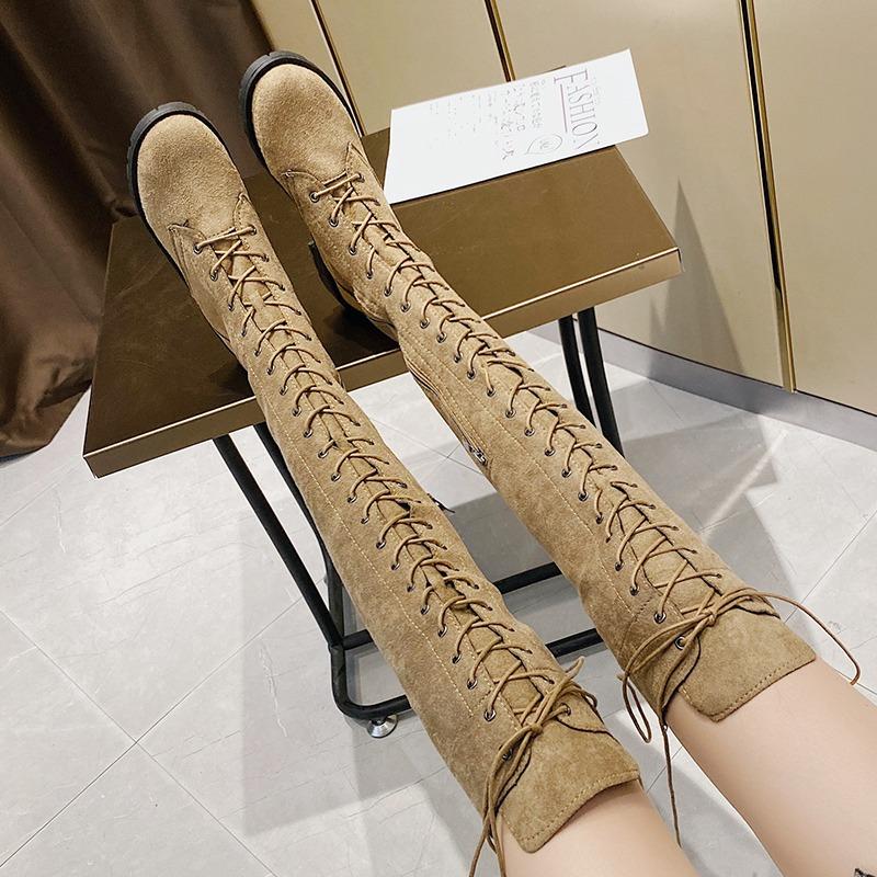 Hot Sale Lace-up Round Toe Low Heel Women's Boots Cow Suede Over The Knee Modern Boots Square Heel Winter Ladies Shoes