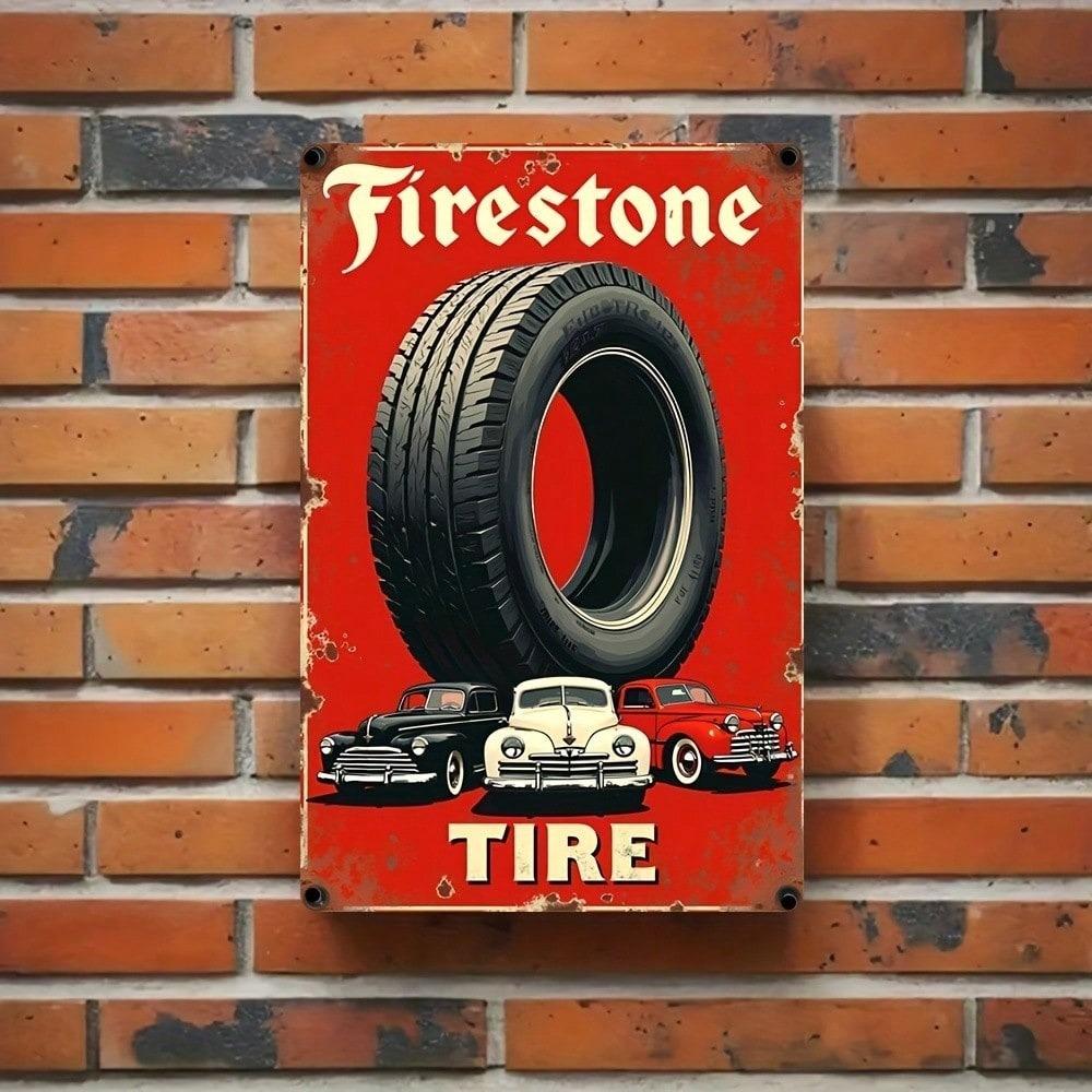 Vintage Firestone Tire Tin Sign Retro Garage Wall Art Home Bar Decor