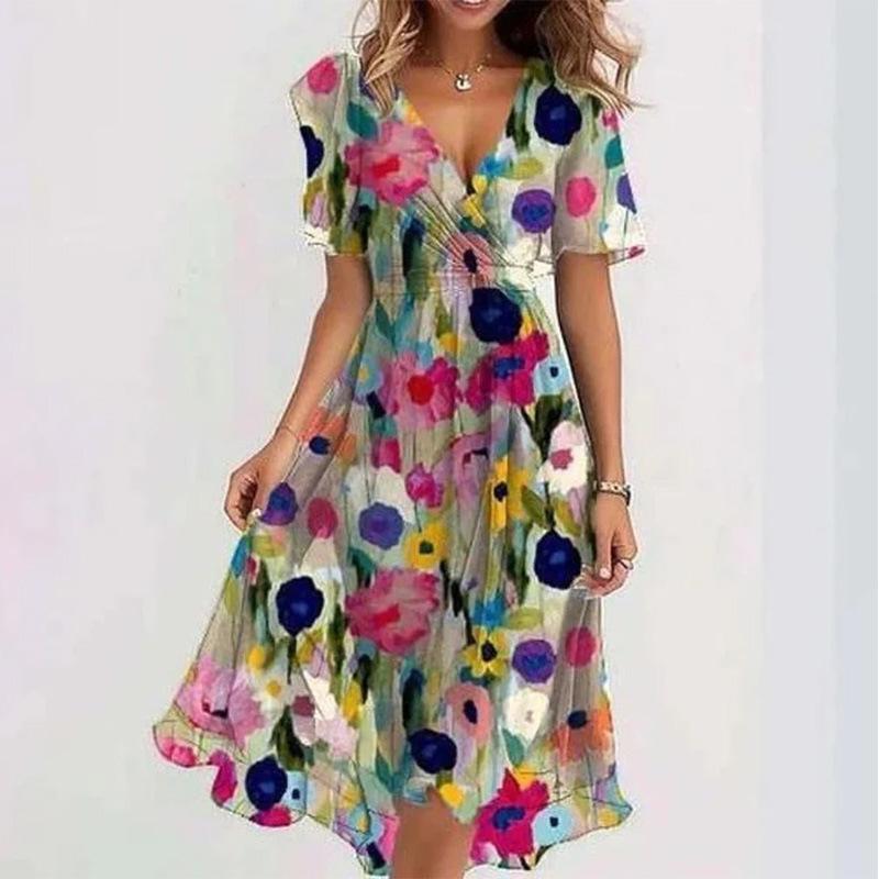 2024 V-Neck Floral Print Casual Loose Dress - New Hot Selling Comfortable Design