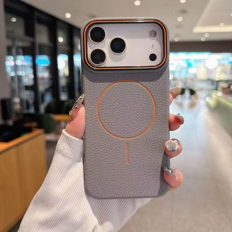 Apple 17promax thin ring magnetic mobile phone case iPhone16 large hole 15 lychee pattern 14 anti-drop 13 protective case