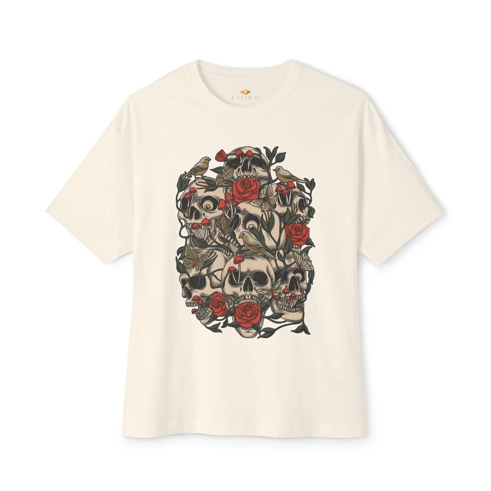 Мужская оверсайз футболка Цветочный череп принт на спине Streetwear Графическая Кремовая Свободная S разноцветный