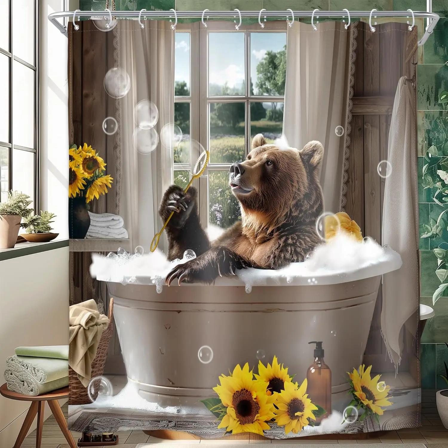 

Funny Rubber Duck Shower Curtain Cute Yellow Pink Kids Animal In Bathtub Lovely Green Plants Botanical Brush For Teens Boys W60H190(CM)-1 Pcs