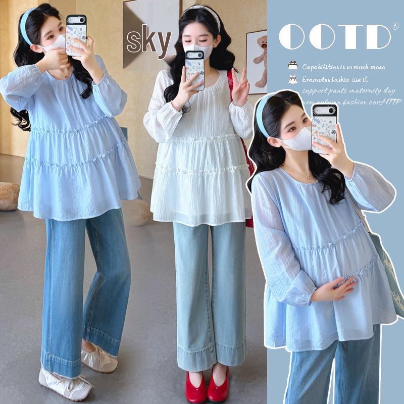 2026 Spring Korean Maternity Ruffled Patchwork Doll Top 2XL