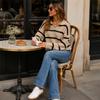 Cross border women's knitted sweater with European and American , casual collar and striped knitted sweater
