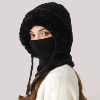Knitted Headgear Solid Color 3-in-1 Women Knit Hat Scarf Face Guard Windproof Skiing Hiking Fleece Lined Winter Headband