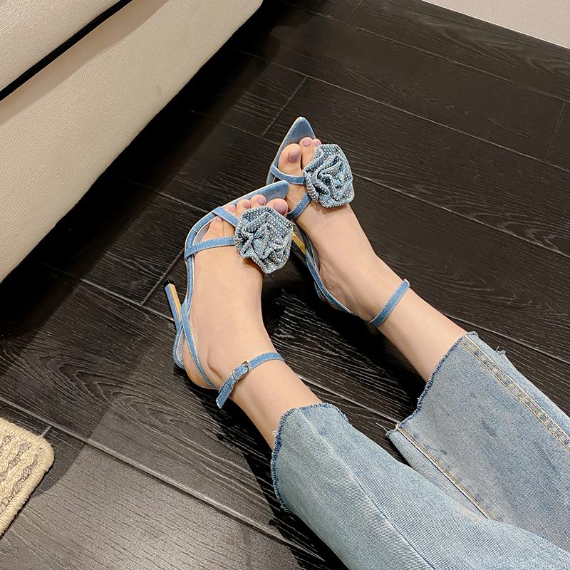 New Style Flower Ankle Buckle Strap Thin Heels Denim Sandals Women's Pointed Toe Party Female Shoes Sandals Zapatos Mujer