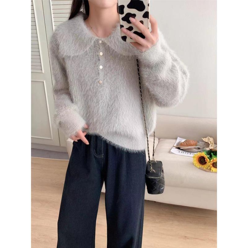

Свитер-пуловер из искусственного норкового флиса с кукольным воротником, новый, свободный, мягкий, восковой, высококачественный вязаный свитер-топ для женщин, осень-зима One Size светло-серый
