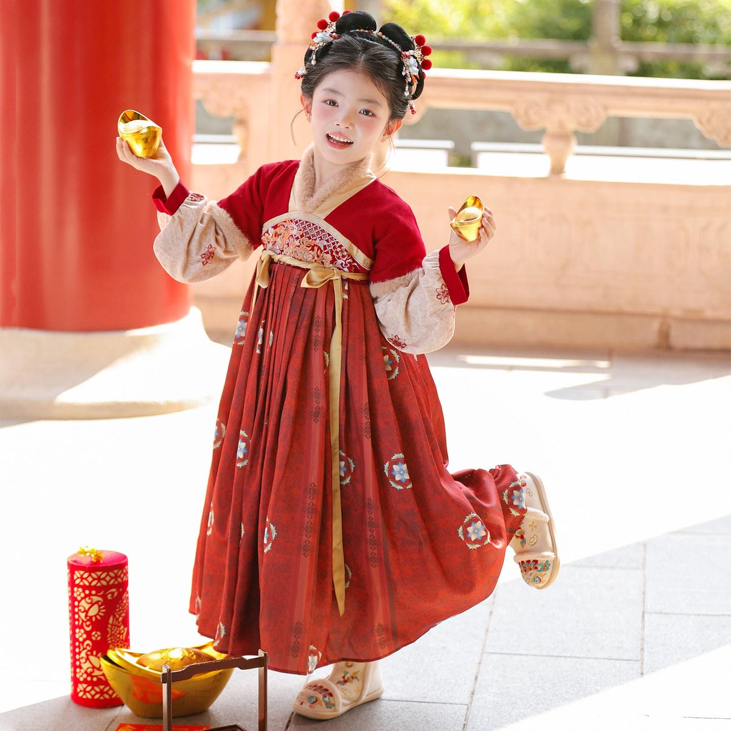 Детский зимний костюм Ханьфу из бархата - Девочки, осенне-зимний наряд в национальном стиле на Новый год 150
