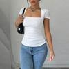 Women Square Neck Ruched Short Sleeve T Shirt Slim Fit Stretchy Casual Top Soft Fabric Stylish Design