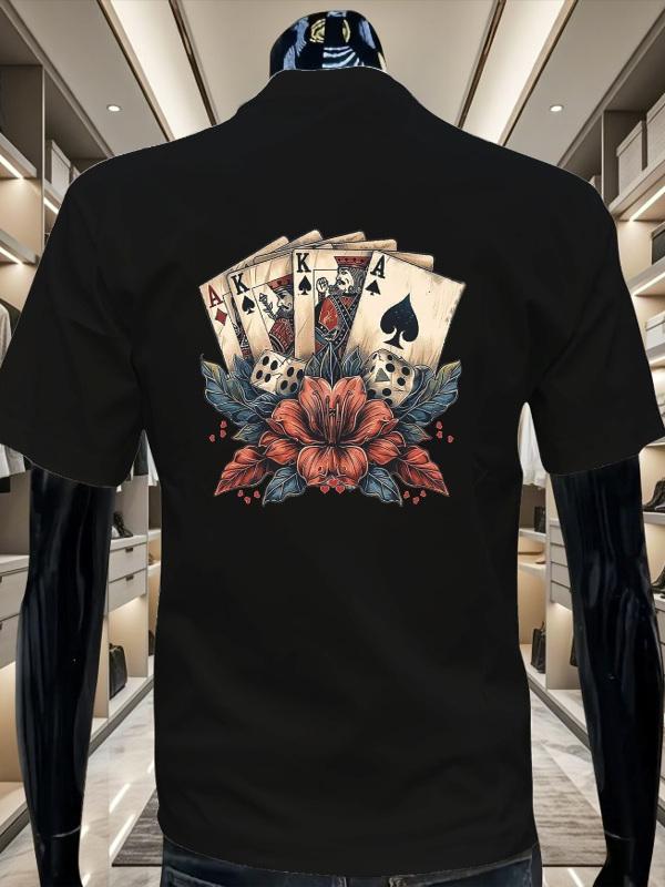2025 Léto Nové Bavlněné Tričko s Krátkým Rukávem Pánské Jednobarevné Designový Smysl Potisk Pokeru Kulatý Výstřih Velká Velikost Pohodlný Top