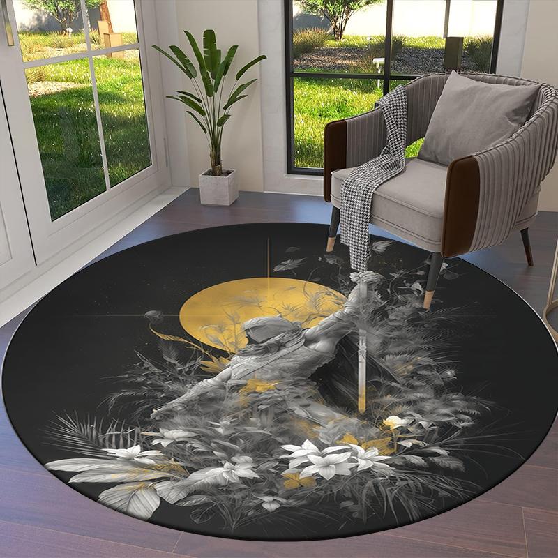 Retro Line Roman Warrior Round Area Rug,Carpet Rug for Living Room Bedroom Sofa Playroom Decor,Non-slip Floor Mat