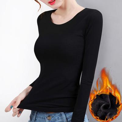 Damen Thermo-Oberteile, Rundhalsausschnitt, Langarm, Samtfutter, Slim Fit, einfarbig, warmes T-Shirt