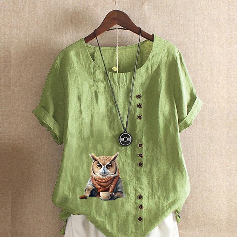 Women's Fashion Owl Prined Short Sleeve T-shirt Loose Cotton Shirt Casual Loose Summer Blouse Plus Size Tops