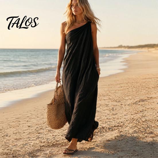 Talos Women's Summer One Shoulder Beach Sundress, Pleated A-line Flowy Long Dress, Casual Loose Travel Vacation Dress