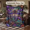 Glass Dragonfly Art Theme Throw Blanket Custom Name Text Personalized Blanket Soft Cozy Blanket for Home Sofa Bed