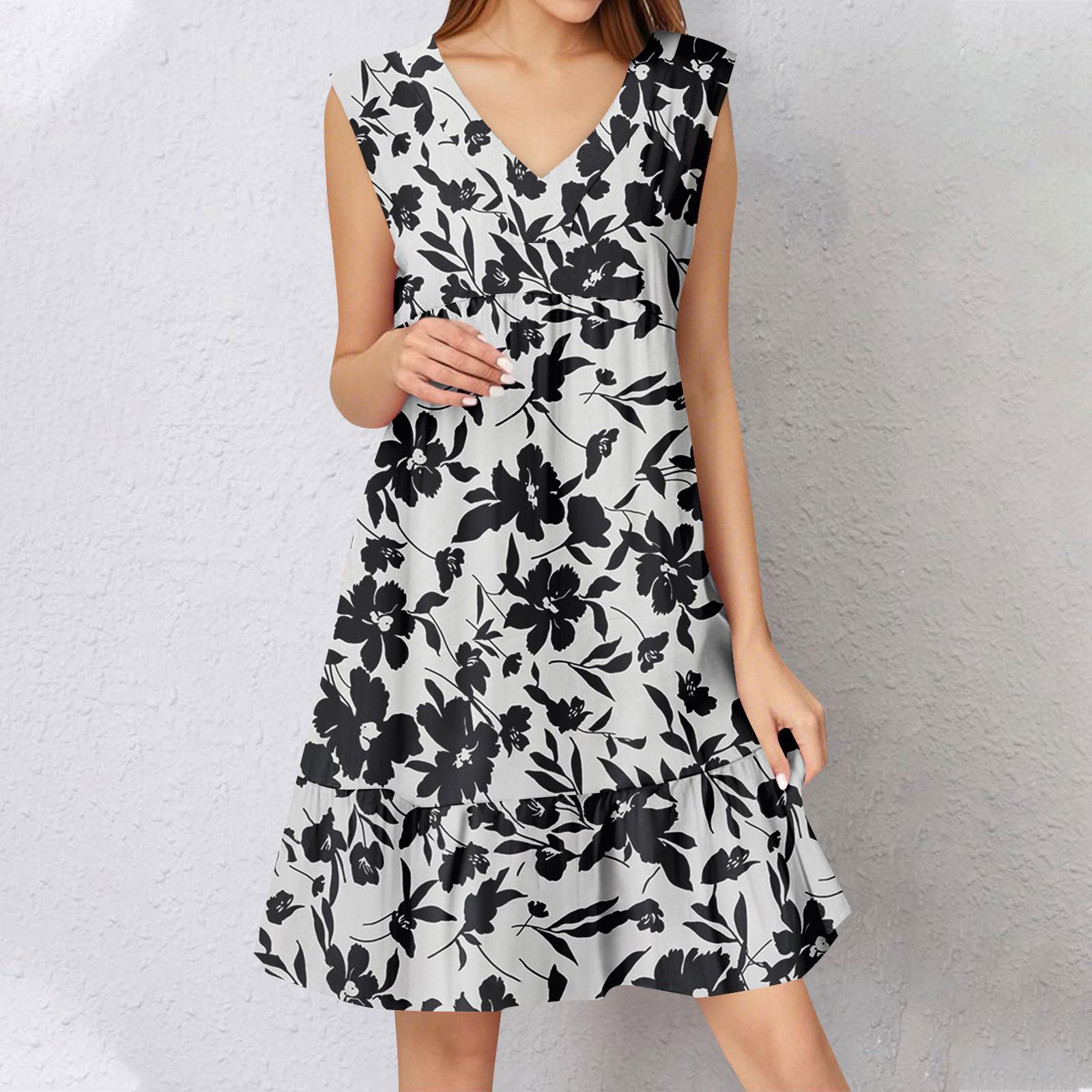 Womens Summer Dress Sleeveless V Neck Printing Short Dresses Fashion Casual Flowy Boho Ruffle A Line Swing Sundress XL белый