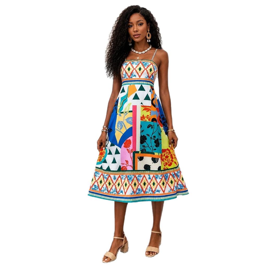 Summer bohemian print suspender dress, holiday waist A word medium and long skirt