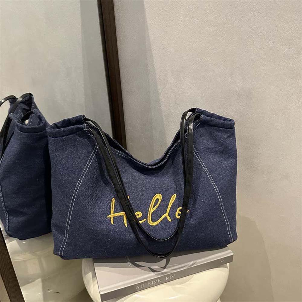 Korean Style Denim Blue Tote Bag Portable Large Capacity Underarm Bag  Travel