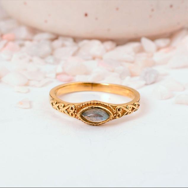 Delicate Gold Marquise Labradorite Ring: Vintage-style ring with ornate filigree band and small navette gemstone.