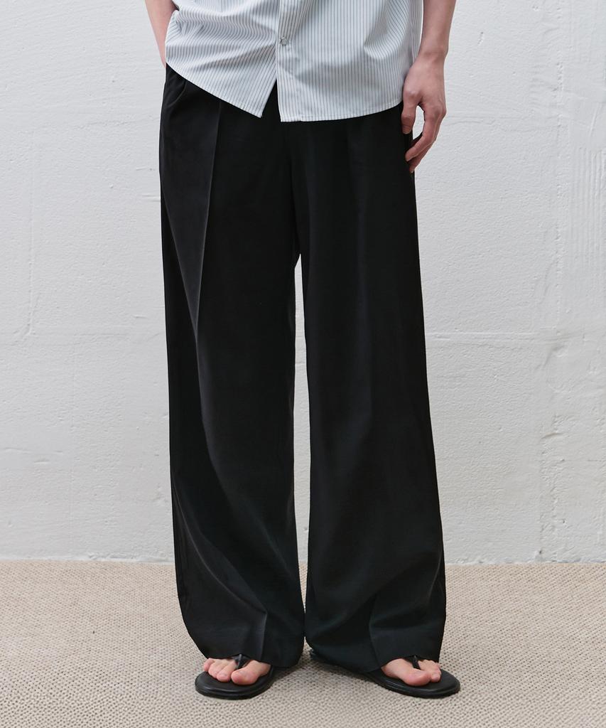 DRAW FIT Double-Pleated Elastic Wide Linen Slacks [Black]