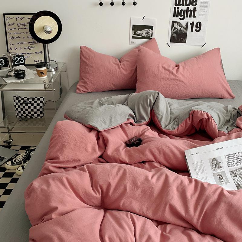 Bed Sheet Quilt Cover Nude Sleeping Pure Cotton Four-piece Set Washed Cotton Soft Bed Sheet Quilt Cover Solid Color Bedding