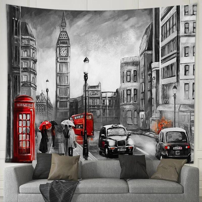 Romantic Couple Lovers Tapestry Eiffel Tower Big Ben Tapestry Wall Hanging Maple Rose Decorated Home Bedroom Living Room Dorm