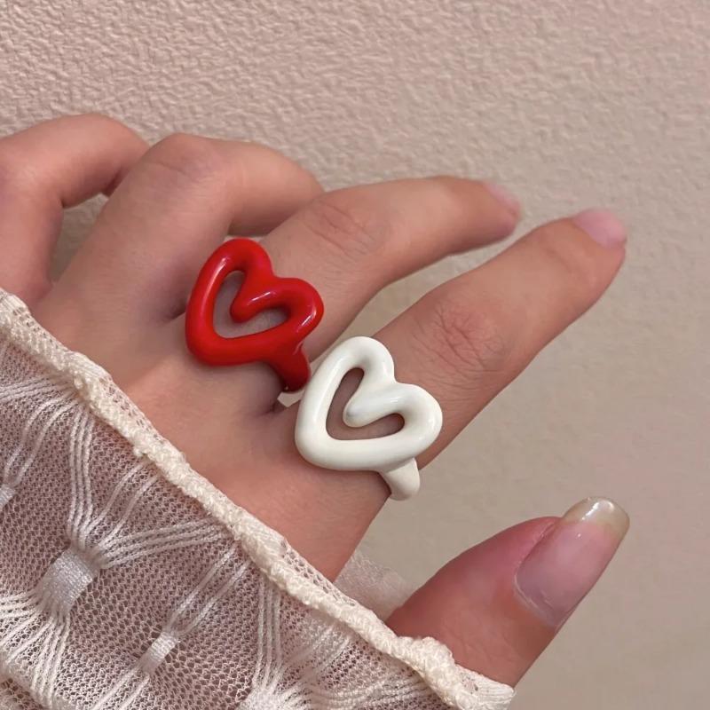 Boho Cute Romantic Macaron Color Love Heart Enamel Opening Rings for Women Charm Trendy Personality Y2K Finger Jewelry Girl Gift