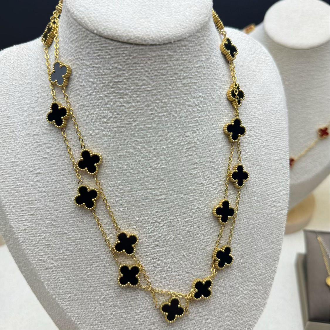 New Arrival Four-leaf Clover Necklace Lucky Clover 20 Flower Necklace Accessible Luxury Classy Classic Long Sweater Chain Black 20 flowers 95cm