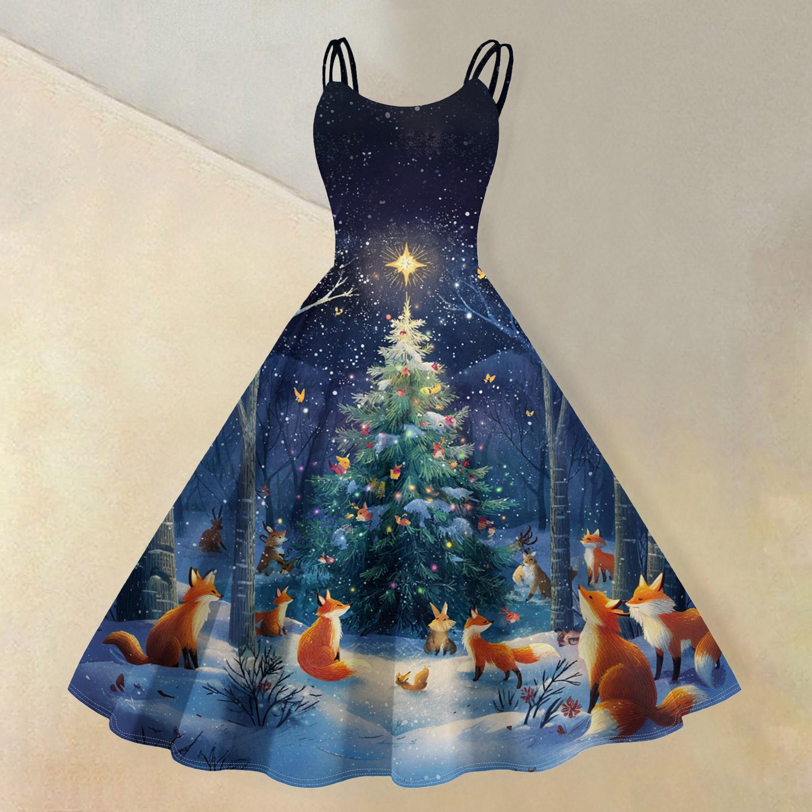 

(Merry Christmas) Women s Casual Fashion Christmas Snowflake/Christmas Tree/Snowman Print Round Neck Retro Dress S