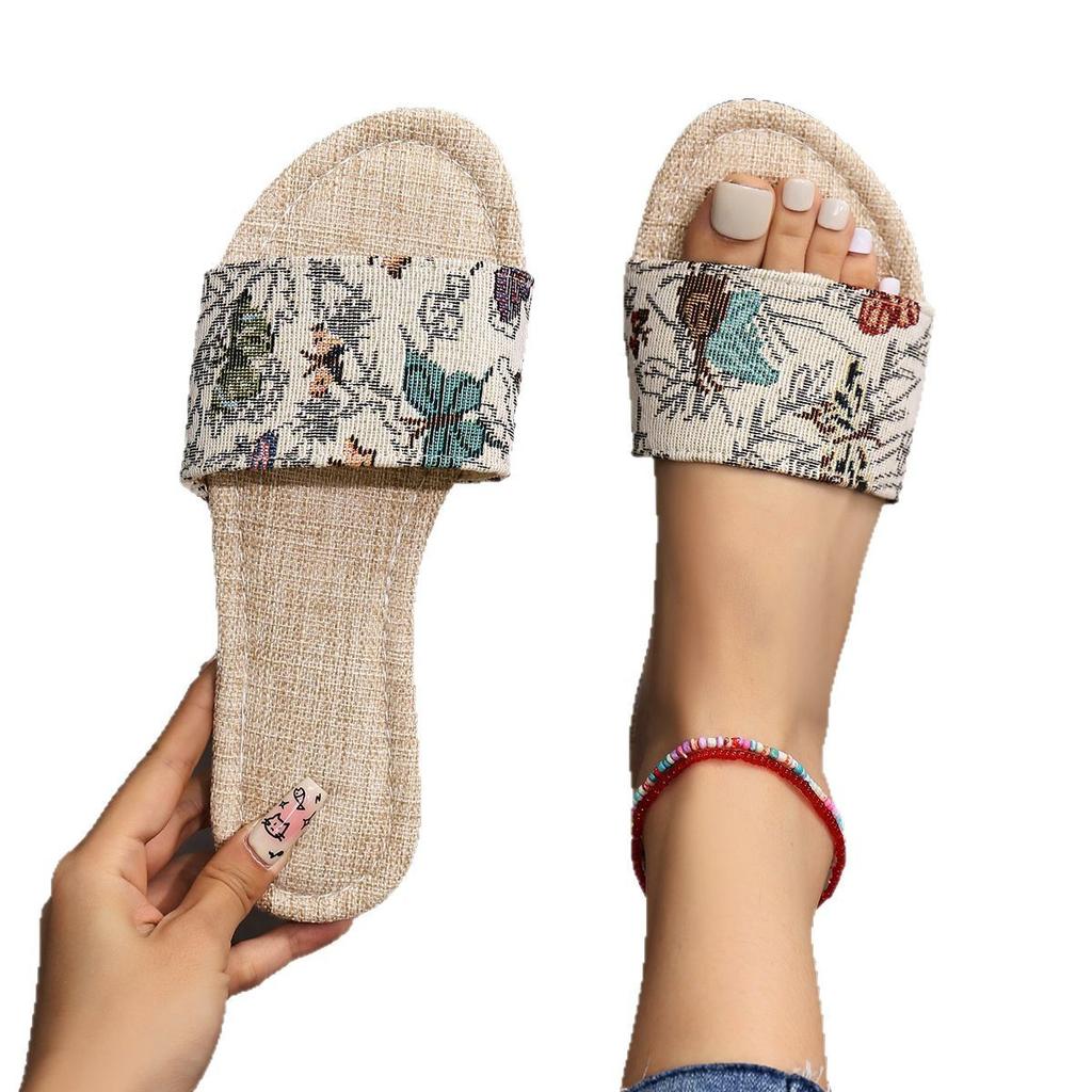 Foreign trade large size printed flat-bottomed slippers fabric soft bottom breathable comfortable texture one-word slippers slippers