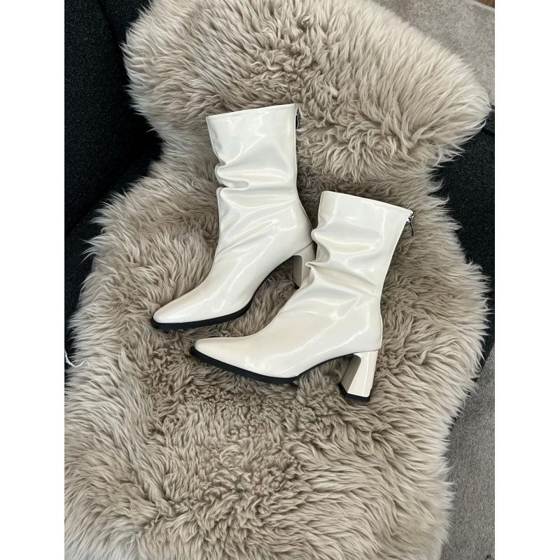 

French temperament high-heeled thin short boots women s shoes 2025 new autumn and winter pleated square head short boots children 39
