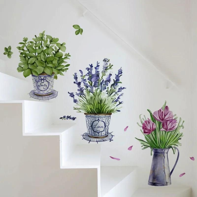 3pcs Watercolor Flower Pots Wall Sticker for Kitchen Home Garden Decor Furniture Decoration Living Room Accessories Posters