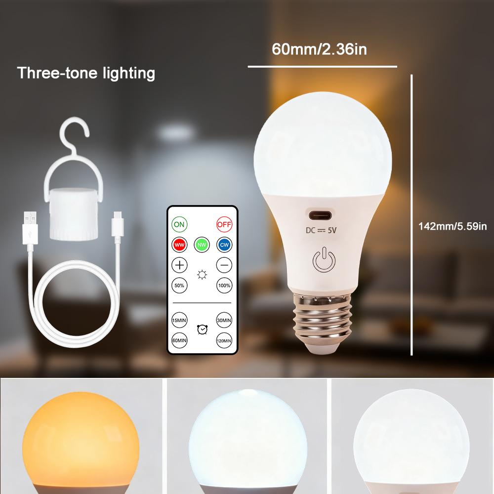 E27 Wireless RGB/CW Stepless Dimming USB Rechargeable Light Bulb with Remote Control Battery-Powered Light Bulb Dimmable/Timer