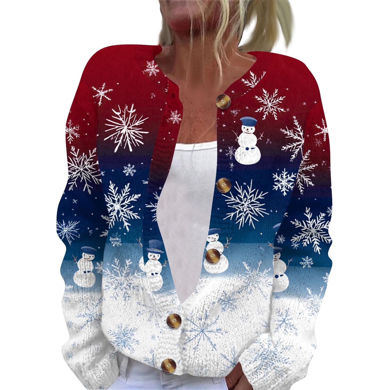 

Женская мода рождественский принт длинный рукав вязаный кардиган пуховик L синий