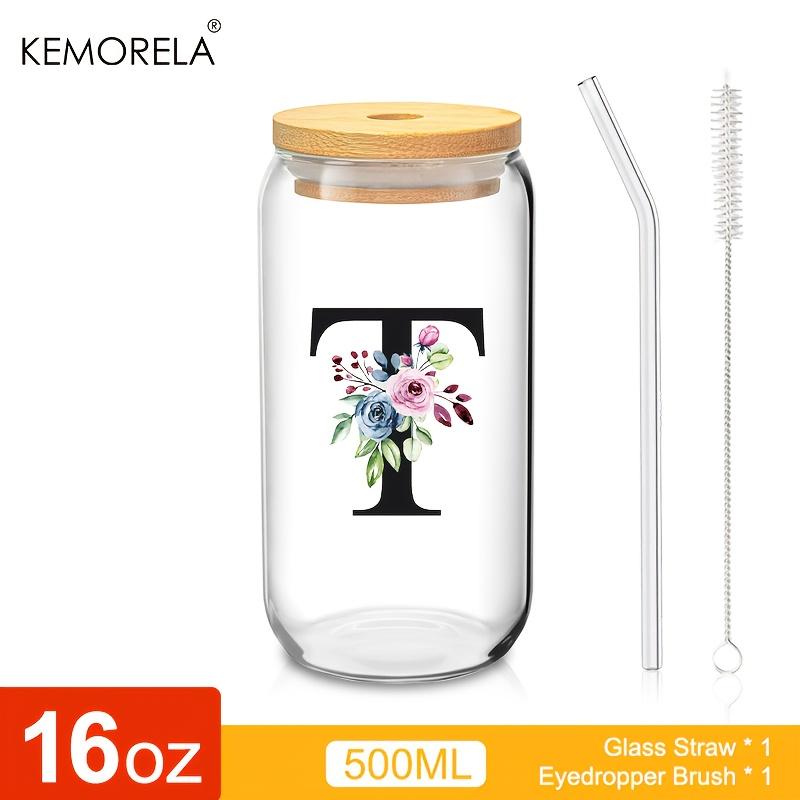 1 STÜCK 24 Buchstaben Glas Trinkbecher mit Bambusdeckel Strohhalm Individuelle Eiskaffeetasse 470ML Klares Mason Jar Bier Smoothie Cocktail