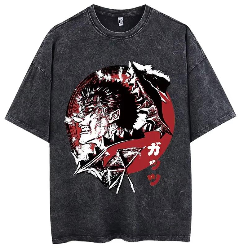Vendita Calda Anime Berserk Guts Manga Stampa Grafica Maglietta Uomo Donna Retro Lavato Girocollo Cotone Retro Lavato Larga Casual Oversize Top Estivo Nuova T-shirt