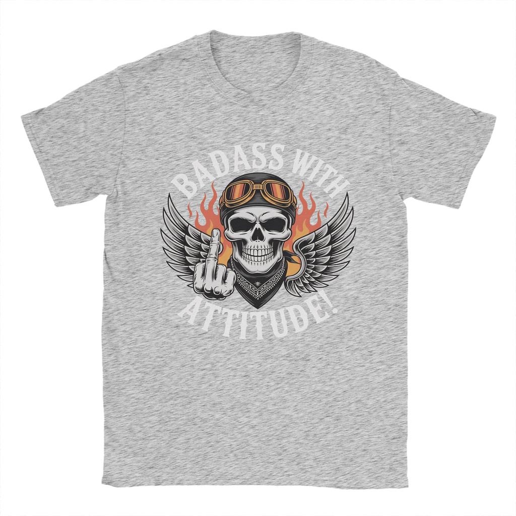 Unisexs Badass With Attitude Rebel Skeleton Biker T Shirts Cotton Tops Funny Short Sleeve Crew Neck Tee Shirt TShirts
