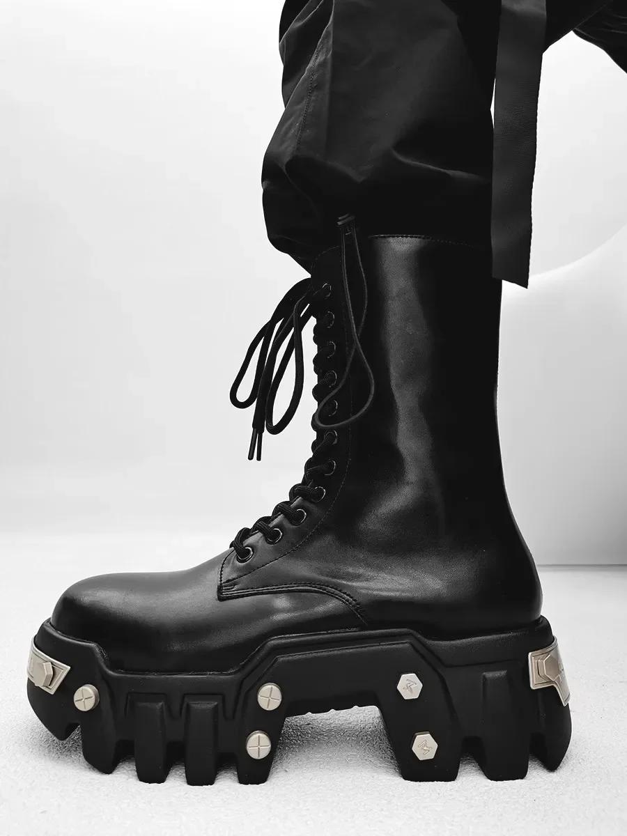 

2025 Men Motorcycle Boots Platform Leather Luxury Trainers High Top Sneakers Lace Up Zip Autumn Black Shoes 45