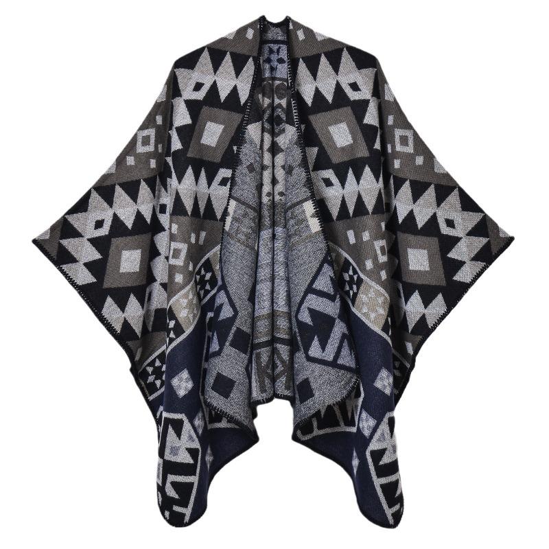 New Autumn and Winter Retro Women's Scarf Geometric Rhombus Thickened Warm Imitation Cashmere Split Shawl Cape