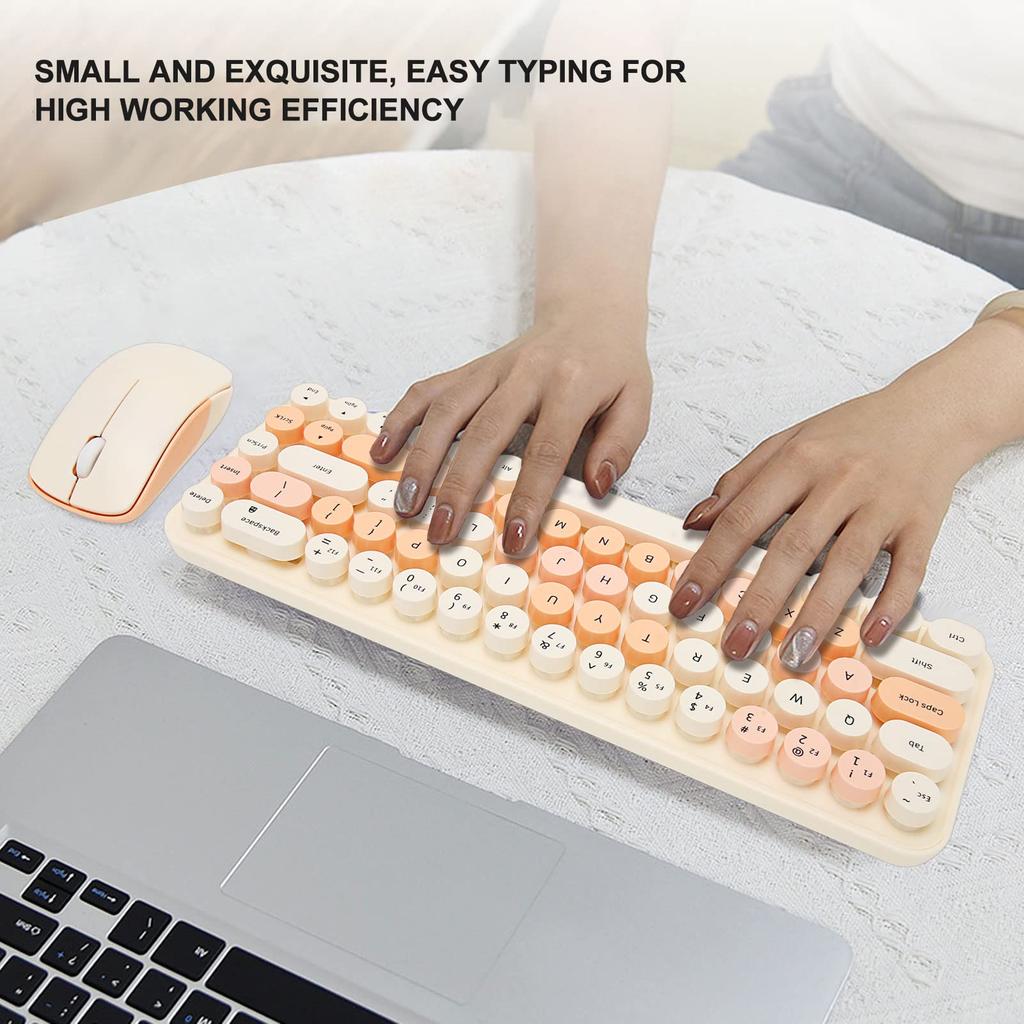 Wireless Keyboard and Mouse 68 Keys Cute Retro Round Keycap Typewriter Keyboard with Wireless Mouse 3 Computer Keyboard and Mouse Set for Home Office