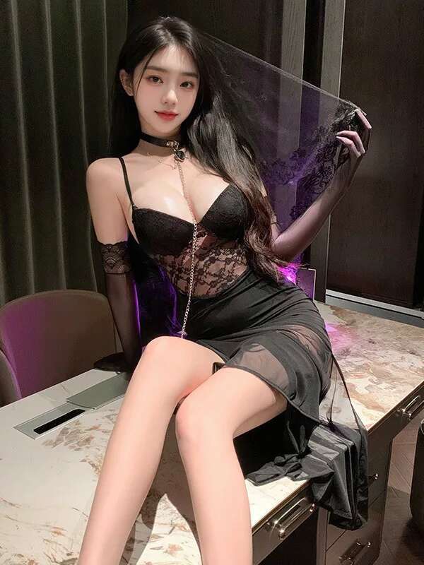 Mesh Lace Black Sweet Sexy Women Sheer Dresses Chest Mat Fish Tail Sleeping Skirt Strap Sexy Uniform Dress Elegant Korean AVN7