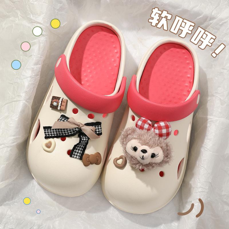 Cute Bear Hole Shoes Summer New Wear Breathable Cool Slippers Two Wear Non-slip Heightening Bag Head Slippers Ladies