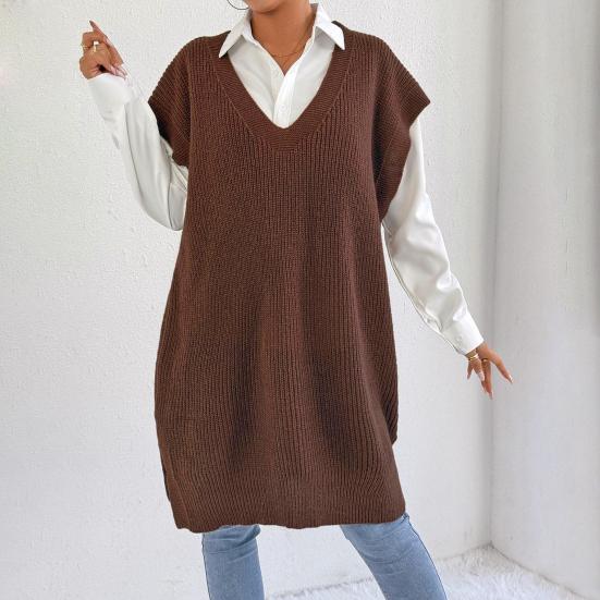 Women Sweater Vest V-Neck Sleeveless Solid Color Knitting Vest Loose Fit Side Split Design Casual Sweater Vest
