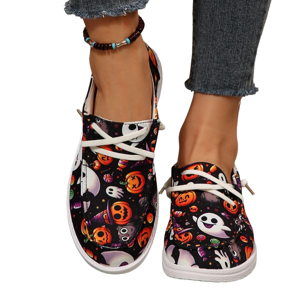 Women's Casual Flat Shoes with Pumpkin Print for Halloween