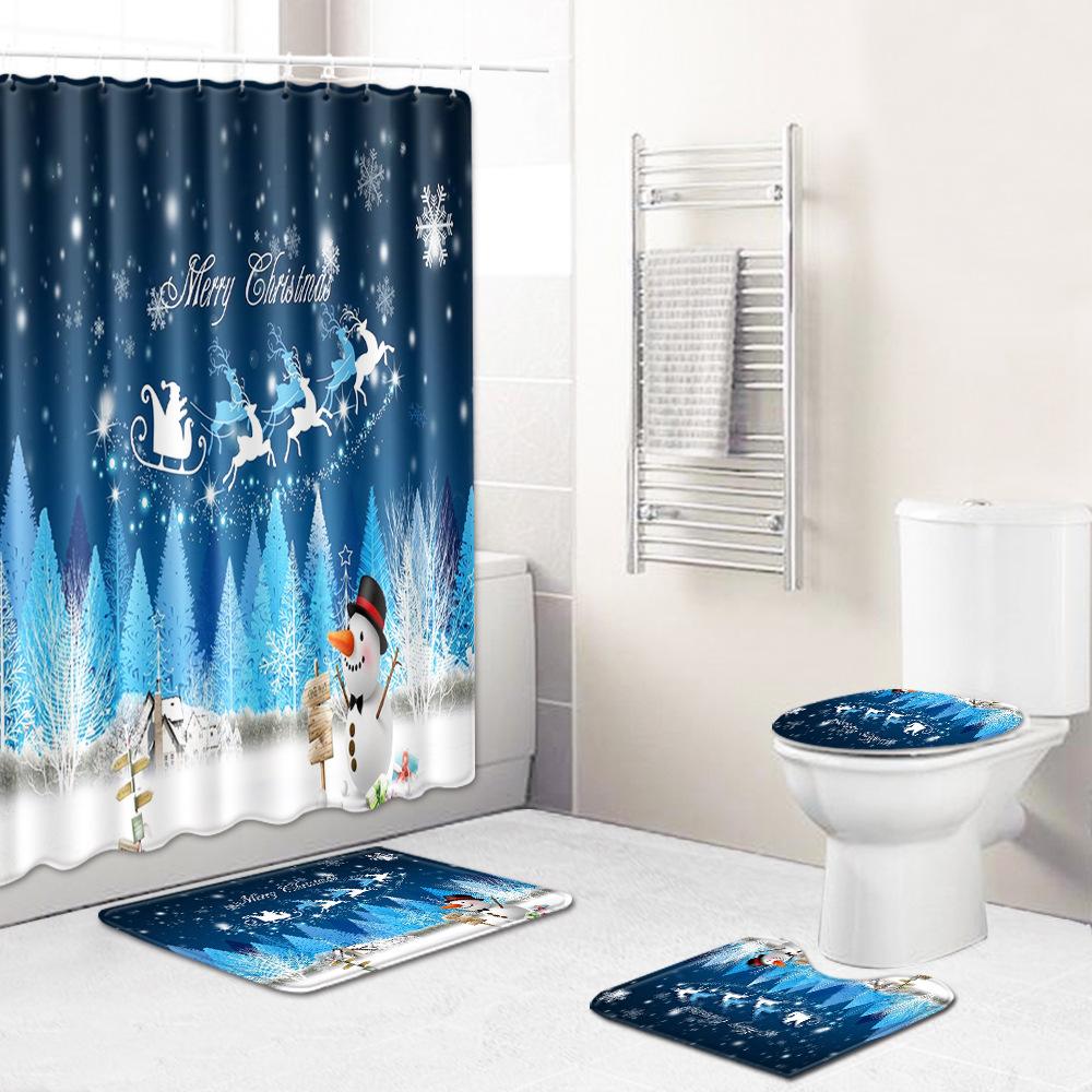 Christmas Shower Curtain Floor Mat Combination Four-Piece Set Bathroom Toilet Carpet Shower Room Mat Foot Mat
